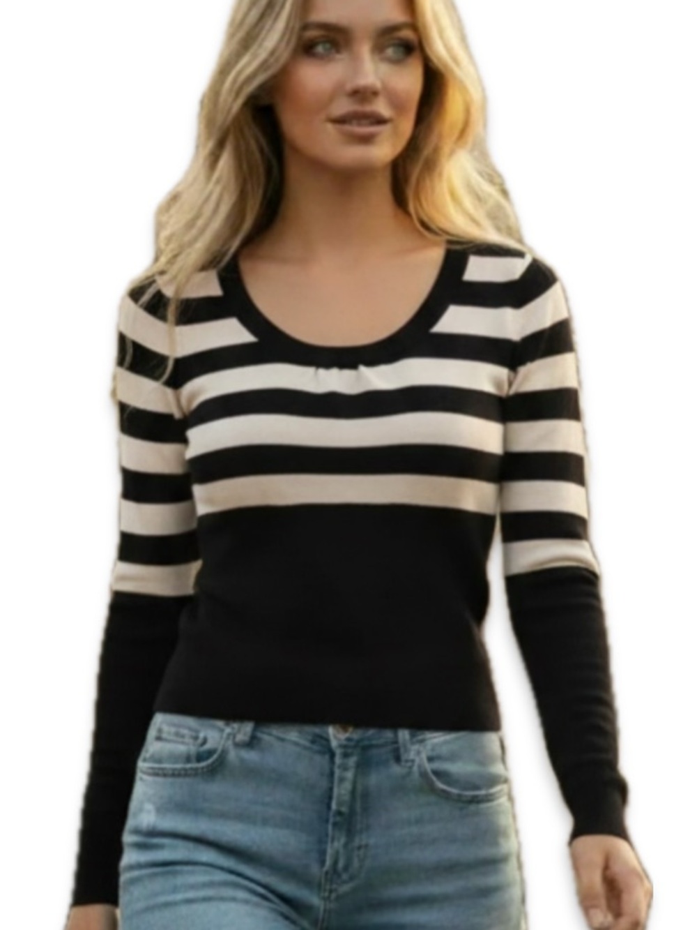 Majora Black White Striped Long Sleeve Scoop Neck Knit Top M